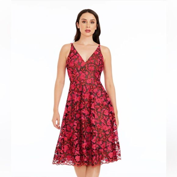 Dress the Population L Elisa Fuchsia Coral Black Tulle V-Nevk & Back Zip Dress - Picture 3 of 17